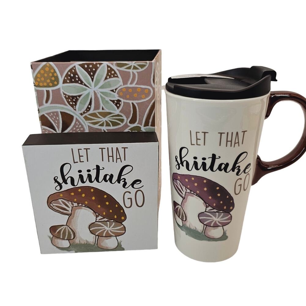 Mushroom 17 Oz Travel Coffee Mug Ceramic Boxed Gift Evergreen Perfect Cup & Lid